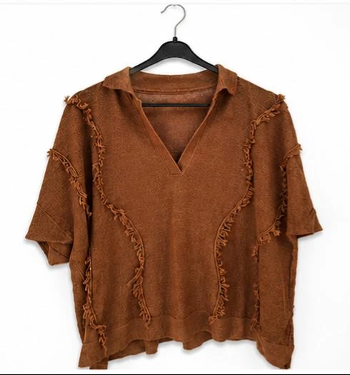 Pull femme 100 % lin terracotta - Style bohĂšme chic - Taille 40